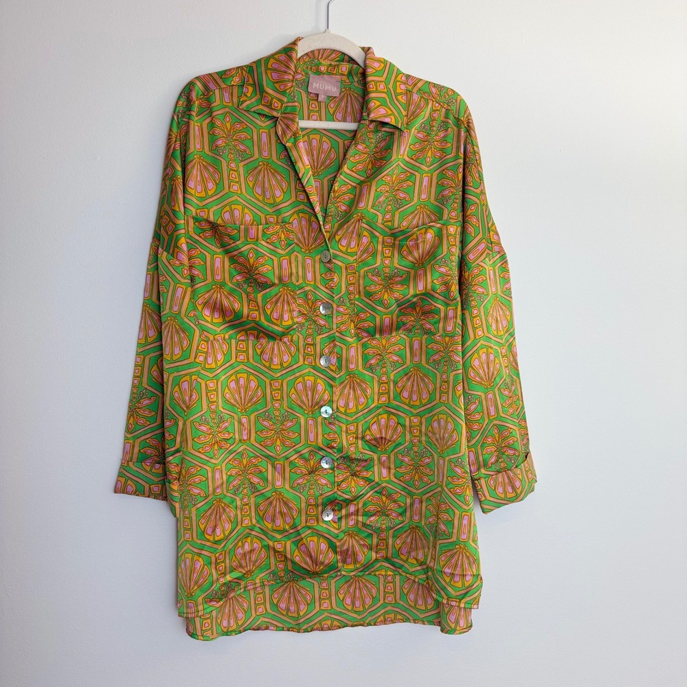 Show Me Your Mumu Johns Button Down Shirt Green Pink Tropical Geometric Small